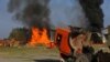 Пажар на баваўнянай фабрыцы пасьля абстрэлу гораду Тэрнэр у Нагорным Карабаху. 
