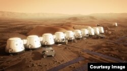 Фотоколлаж предполагаемого первого поселения людей на Марсе.