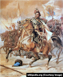 Казімір Пуласкі на кані, малюнак Юліуша Коссака, 1883 год