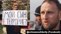 Зера Сулейманова, мать обвиняемого в участии в "Хизб ут-Тахрир" Руслана Сулейманова проводит одиночный пикет в Строгоновке Симферопольского района