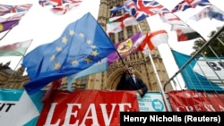 Плакаты за Брекзит и проевропейски настроенный демонстрант перед зданием британского парламента в Лондоне.