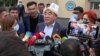 Former Kyrgyz President Askar Akaev speaks to journalists in Bishkek on August 2.