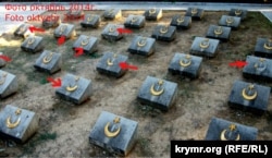 Some of the vandalized memorials to Turkish soldiers who died in the Crimean War at the Sevastopol cemetery.