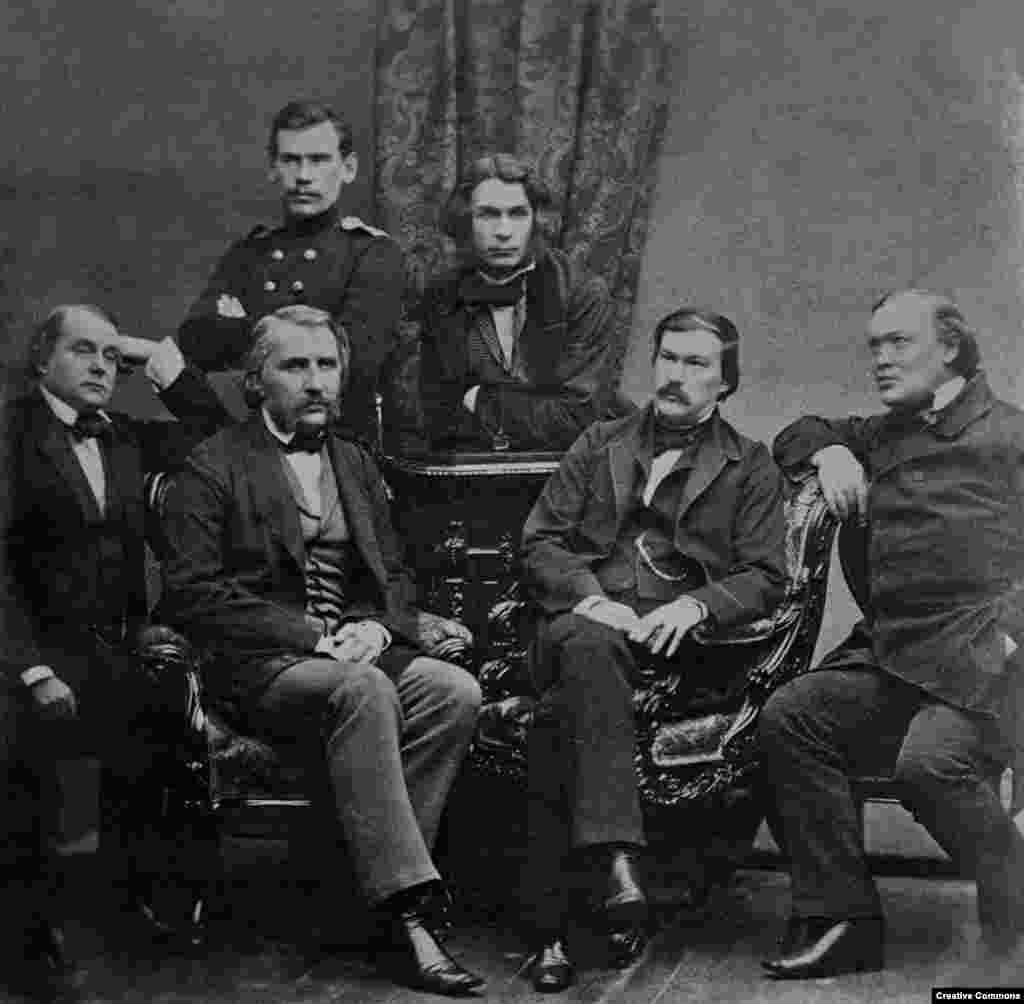 Tolstoy (top left) poses with a group of other Russian writers in 1856. By the time this photograph was taken, Tolstoy was known as an emerging talent in Russia&#39;s literary scene. &nbsp;