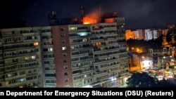 Fire in the building in Galati, Romania, following a drone strike on the night of May 29.