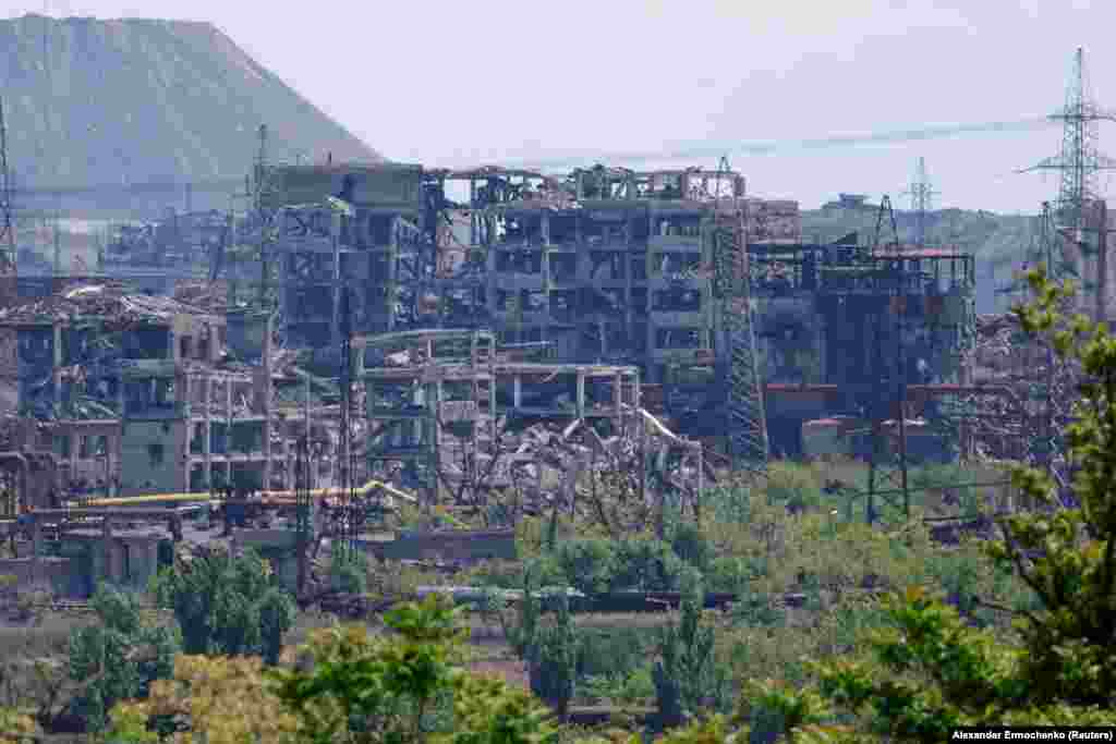 A section of the Azovstal steel plant in Russian-occupied Mariupol photographed in May 2024.According to the UN, some 90 percent of residential buildings in Mariupol were destroyed or damaged during the three-month siege of the city before it was captured by Russian forces.