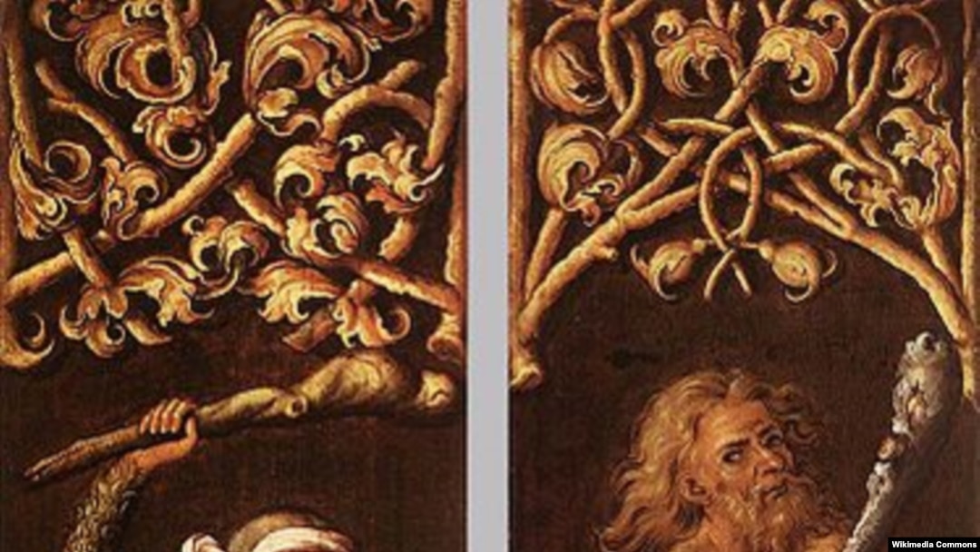 Wild men support coats of arms in the side panels of a portrait by Albrecht Dürer.