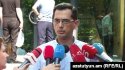 Armenia - Lawyer and opposition figure Liparit Drmeyan talks to journalists outside a court in Yerevan, August 31, 2026.
