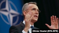 NATO Secretary-General Jens Stoltenberg speaks during a presentation of the NATO annual report at NATO headquarters in Brussels on March 15.