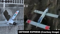 Слева - обломки "Ланцета" в центре Киева, справа - российский дрон V2U