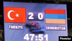 Turkey -- The scoreboard at Bursa's Ataturk Stadium during the Turkey-Armenia football match on October 14, 2009.