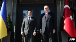 Turkish President Recep Tayyip Erdogan (right) with his Ukrainian counterpart, Volodymyr Zelenskiy, in Istanbul on April 10. 