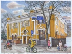 Pešaci sa maskama na licima i putnici na dva točka prolaze ispred ambasade Estonije.