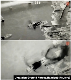 Кадр із відео удару українським БПЛА «Байрактар» по російському десантному катеру типу «Серна» біля острова Зміїний. Відео оприлюднили 7 травня 2022 року