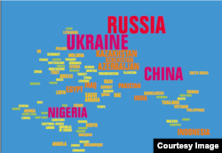 Скриншот карты, опубликованной в докладе Transparency International UK "К вашим услугам".