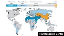 بیشتر کشورهای روی زمین (خاکستری رنگ) مذهب رسمی یا ترجیحی ندارند.