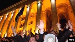 Anti-Saakashvili protesters warmed up the crowd at an event at the same square on April 8, one day ahead of the planned nationwide protests.