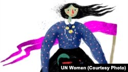 Фрагмент виставки «ООН-Жінки» про множинну дискримінацію жінок в Україні, присвячений ромкам (автор ілюстрації: Дана Рвана)