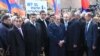 Armenia - Opposition leader Levon Ter-Petrosian (C) and his political allies lay flowers at the site of the 2008 post-eleciton unrest in Yerevan, 1Mar2015.