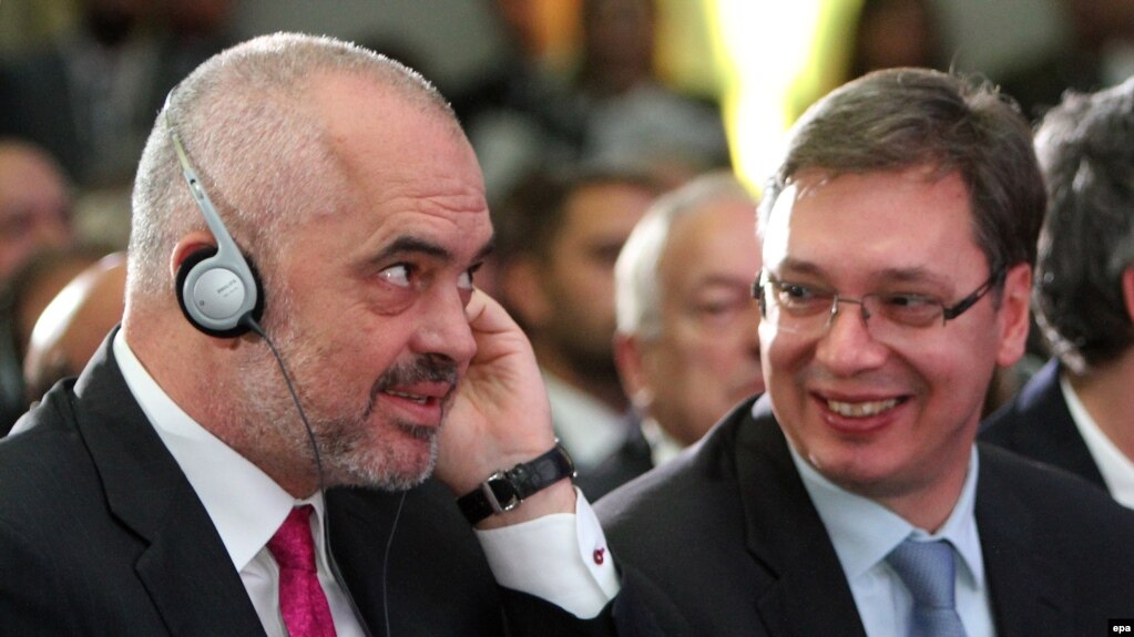 Albanian Prime Minister Edi Rama (left) and Serbian Prime Minister Aleksandar Vucic attend the Business Forum Serbia in the city of Nis.