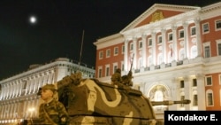 Russian tanks and armored vehicles on display in Moscow.