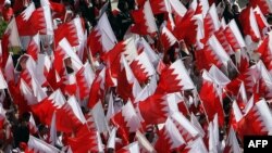 Bahrain -- Pro-government supporters wave their national flags during a gathering near the Al-Fateh mosque following Friday's noon prayers in Manama, 18Feb2011