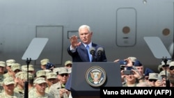 Georgia -- U.S. Vice President Mike Pence addresses servicemen participating in the joint multinational military exercise 'Noble Partner 2017' at an airbase outside Tbilisi on August 1, 2017.