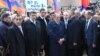 Armenia - Opposition leader Levon Ter-Petrosian and his political allies lay flowers at the site of the 2008 post-eleciton unrest in Yerevan, 1Mar2015.