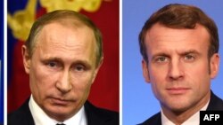 Vladimir Putin și Emmanuel Macron, colaj. 