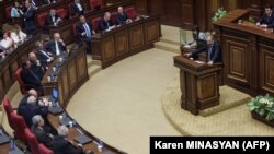 ARMENIA - Armenian opposition leader Nikol Pashinyan addresses lawmakers during a parliament session to elect a new prime minister in Yerevan on May 8, 2018.