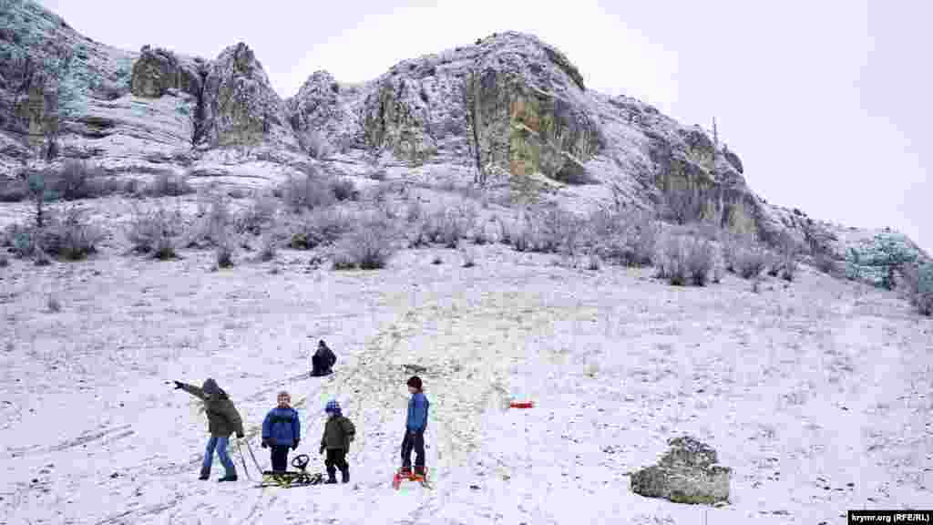 На заснеженых горных склонах, совершая лихие спуски, дети катаются на санках.