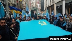 Crimean Tatars protest against the occupation of Crimea in front of the Russian Embassy in Istanbul in February.