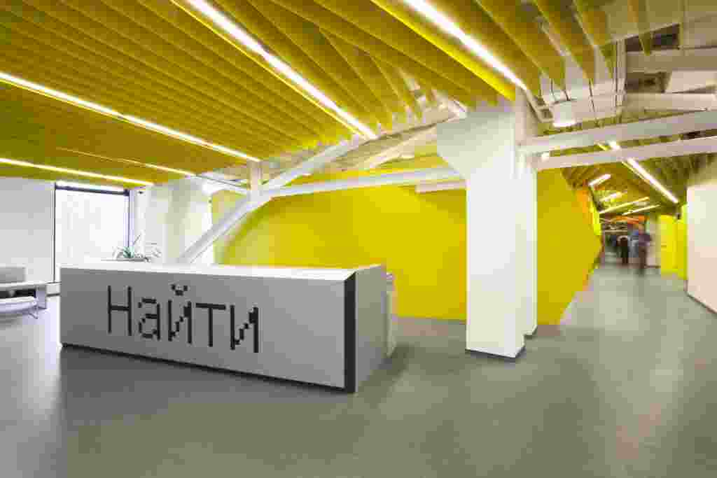 Visitors to Yandex&#39;s offices in St. Petersburg are greeted by the search engine&#39;s trademark yellow color and &quot;Search&quot; button.