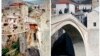 Men cross a river using a makeshift bridge in Mostar after the destruction of Mostar&#39;s centuries-old bridge in November 1993, which was later rebuilt. The same location is seen in the bottom picture on February 23, 2013.