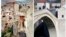 People cross a makeshift bridge in Mostar after the destruction of the 16th-century Old Bridge in 1993. On the right, the new bridge as it appeared in 2013. The reconstruction was completed in 2004 at a cost of $15.4 million, financed by a World Bank loan and international grants.