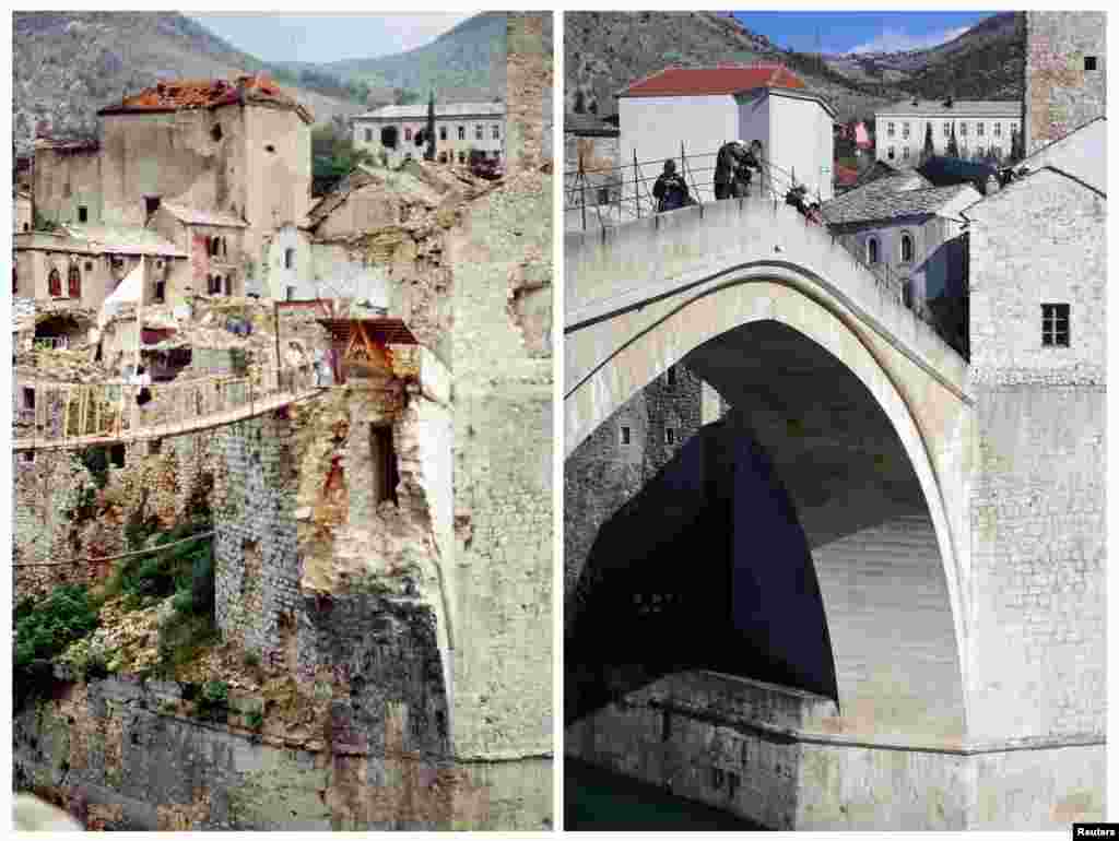 People cross the old bridge in Mostar. On the right is the same location on February 23, 2013.