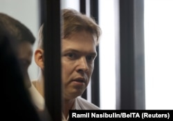 Maksim Znak in court in Minsk on August 4.