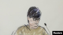 A courtroom sketch of Enrique Marquez who has pleaded guilty to conspiring with Syed Rizwan Farook to attack a community college.