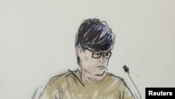 A courtroom sketch of Enrique Marquez who has pleaded guilty to conspiring with Syed Rizwan Farook to attack a community college.