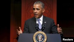 U.S. President Barack Obama delivers remarks at the Islamic Society of Baltimore mosque in Catonsville, Maryland on February 3. 