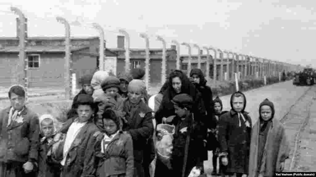 На фото праворуч: 1944 рік. Жінка з дітьми прямує в газову камеру. На задньому тлі видно дерев'яні бараки &ndash; це табори &laquo;Біркенау&raquo;, які додатково були побудовані в &laquo;Аушвіці&raquo;. Після війни ці будівлі були зруйновані, але цегляні стіни і димарі збереглися