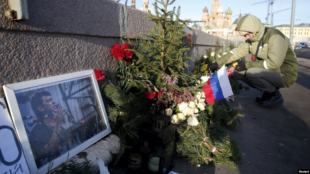 A memorial to Boris Nemtsov on the bridge in Moscow where he was shot dead in February 2015.