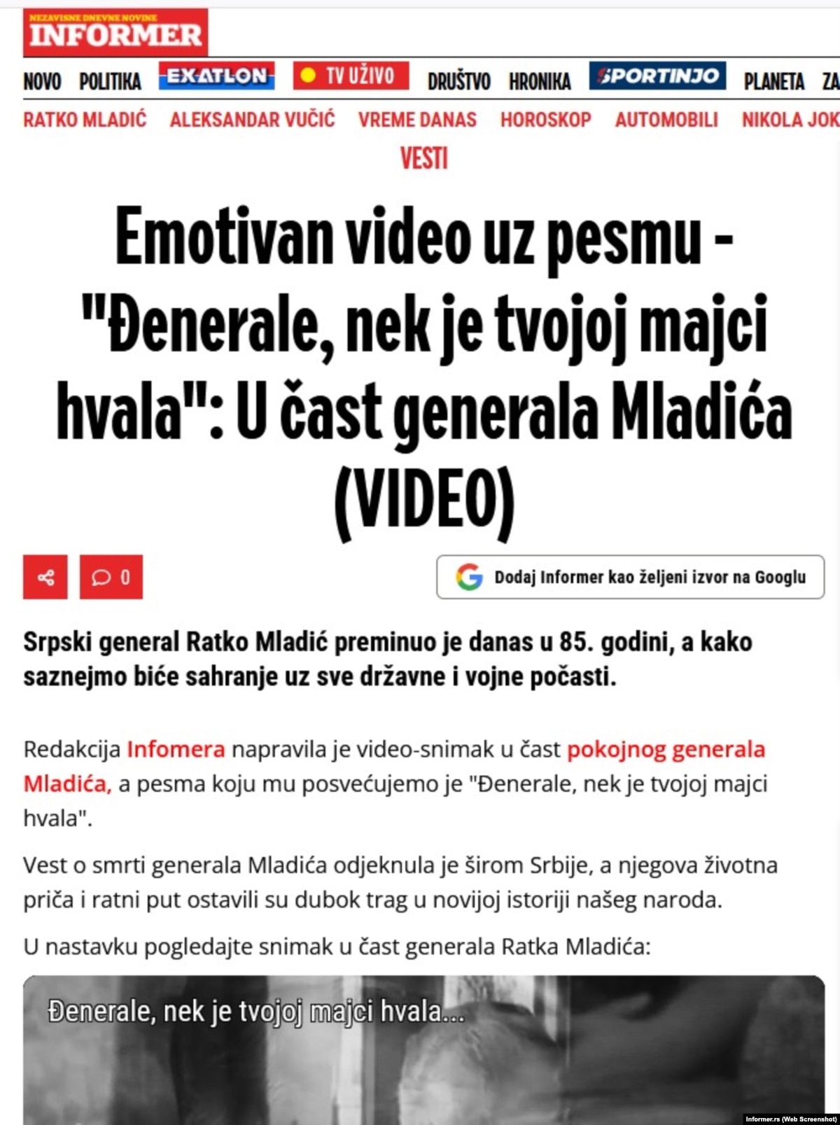Prorežimski tabloid "Informer" objavio je i video 'u čast' Ratka Mladića