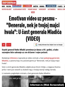 Prorežimski tabloid "Informer" objavio je i video 'u čast' Ratka Mladića