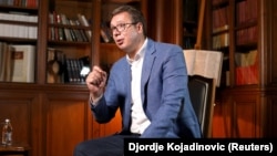 Serbian President Aleksandar Vucic speaks during an interview with Reuters in Belgrade on September 13.