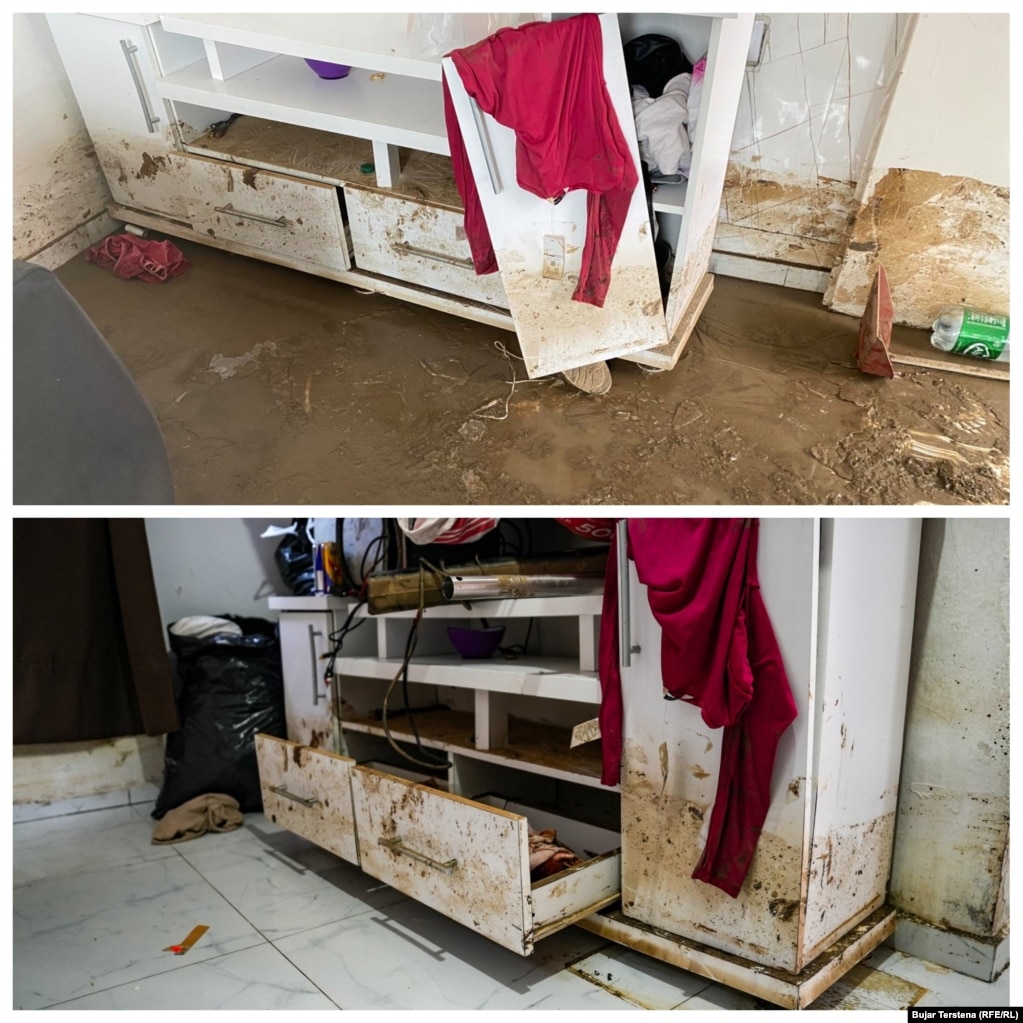 Fotografia lart tregon një orendi të dëmtuar nga përmbytjet në shtëpinë e Etemit në Kuzmin, pak pas vërshimeve të 8 janarit.Fotografia poshtë tregon ndryshimin pasi Etemi e pastroi pjesërisht shtëpinë para se të kthehet në të për të jetuar.