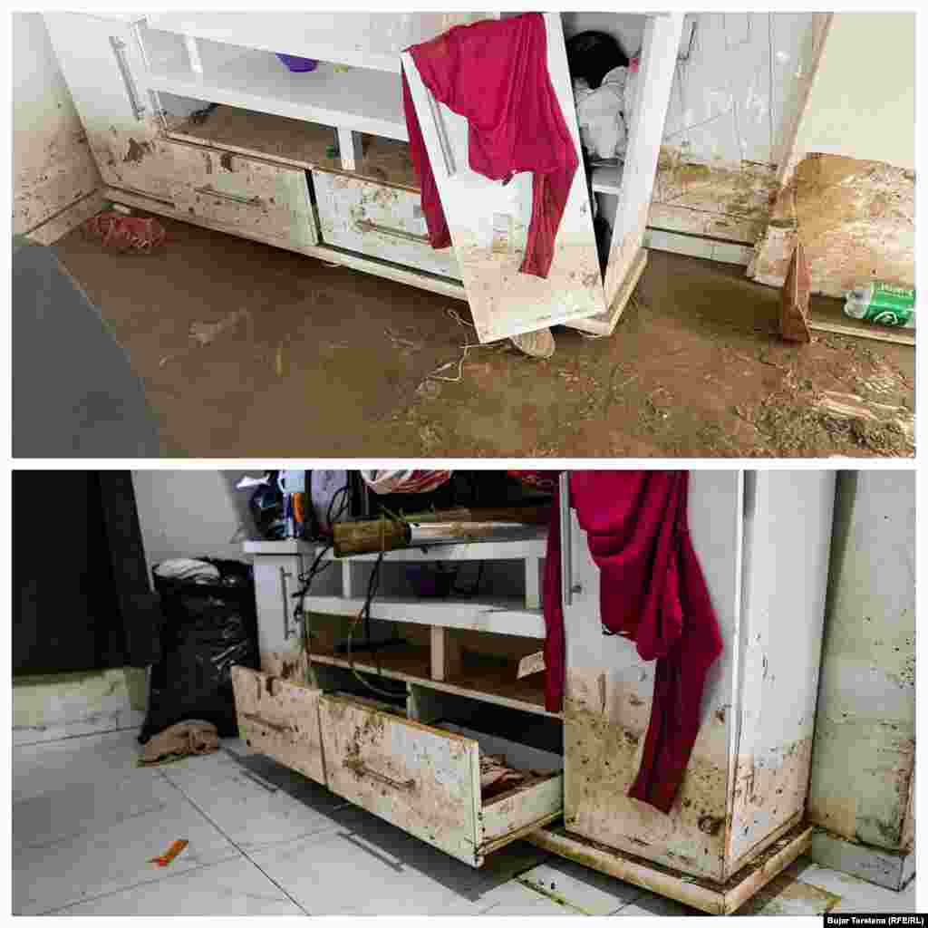 Fotografia lart tregon një orendi të dëmtuar nga përmbytjet në shtëpinë e Etemit në Kuzmin, pak pas vërshimeve të 8 janarit.Fotografia poshtë tregon ndryshimin pasi Etemi e pastroi pjesërisht shtëpinë para se të kthehet në të për të jetuar.