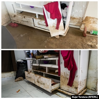 Fotografia lart tregon një orendi të dëmtuar nga përmbytjet në shtëpinë e Etemit në Kuzmin, pak pas vërshimeve të 8 janarit.Fotografia poshtë tregon ndryshimin pasi Etemi e pastroi pjesërisht shtëpinë para se të kthehet në të për të jetuar.