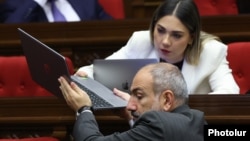 Armenia - Prime Minister Nikol Pashinian and Justice Minister Srbuhi Galian attend a session of the Armenian parliament, Yerevan, November 12, 2024.