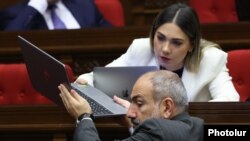 Armenia - Prime Minister Nikol Pashinian and Justice Minister Srbuhi Galian attend a session of the Armenian parliament, Yerevan, November 12, 2024.